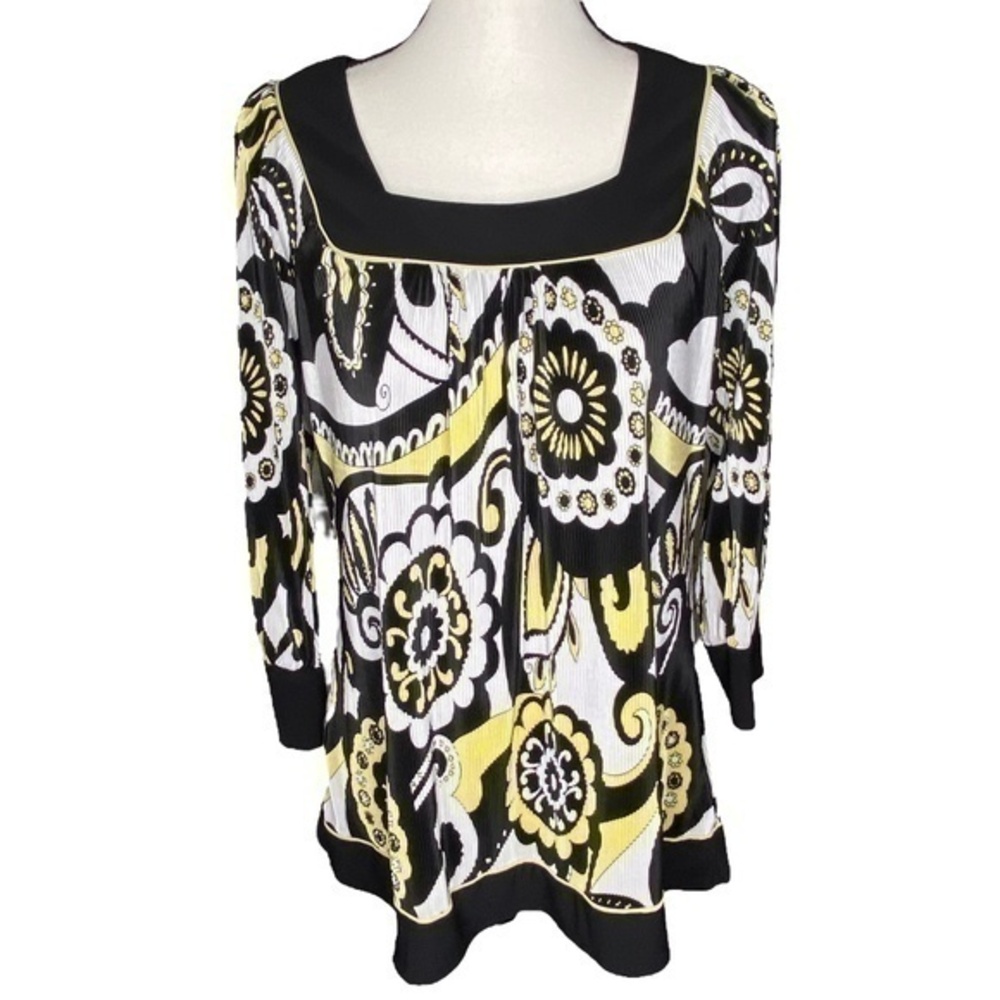 Covington Top Mod Floral Print Crinkle Textured Square Neck Tunic Blouse Top